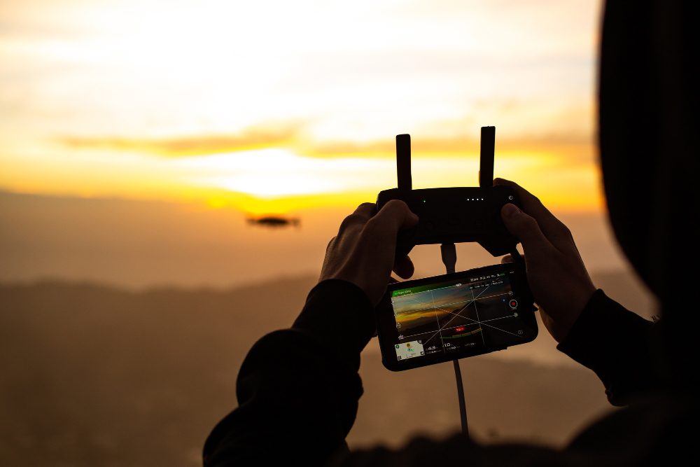 man detecting distance using drone